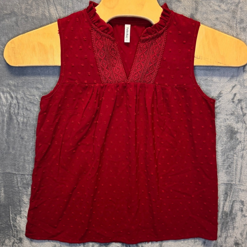 2179 | Fairy Cottagecore Swiss Dot Ruffle Lace Sleeveless Blouse Red Women Small